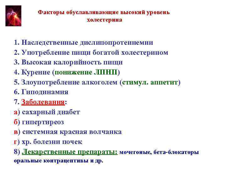 Факторы обуславливающие высокий уровень холестерина 1. Наследственные дислипопротеинемии 2. Употребление пищи богатой холестерином 3.