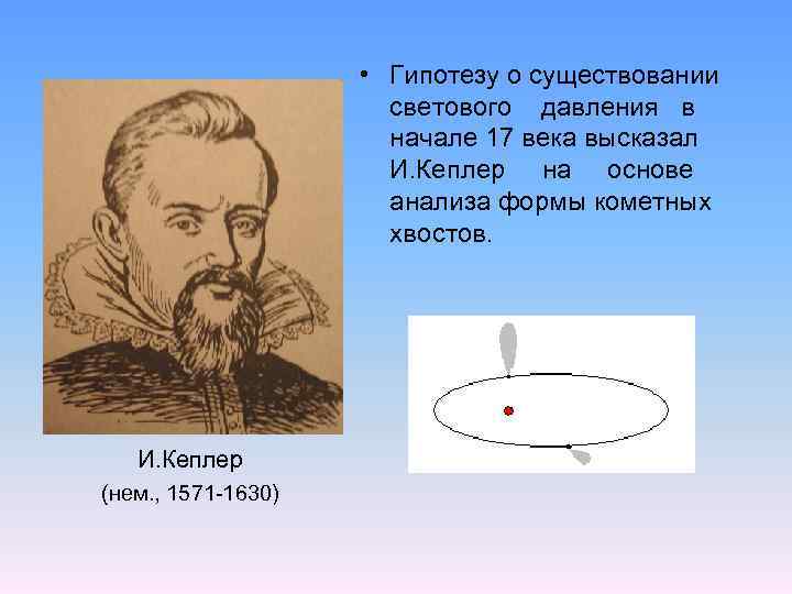  • Гипотезу о существовании светового давления в начале 17 века высказал И. Кеплер