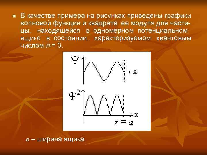 n В качестве примера на рисунках приведены графики волновой функции и квадрата ее модуля
