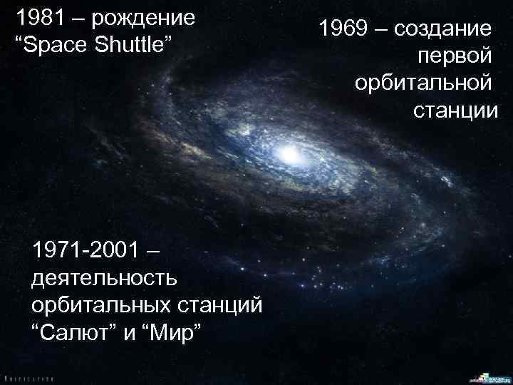 1981 – рождение “Space Shuttle” 1971 -2001 – деятельность орбитальных станций “Салют” и “Мир”