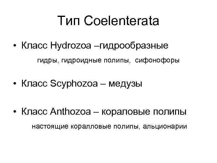 Тип Coelenterata • Класс Hydrozoa –гидрообразные гидры, гидроидные полипы, сифонофоры • Класс Scyphozoa –