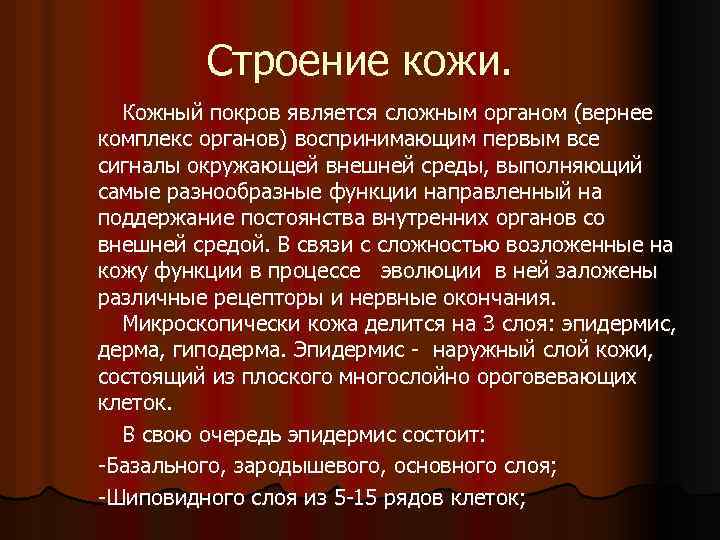 Строение кожи. Кожный покров является сложным органом (вернее комплекс органов) воспринимающим первым все сигналы