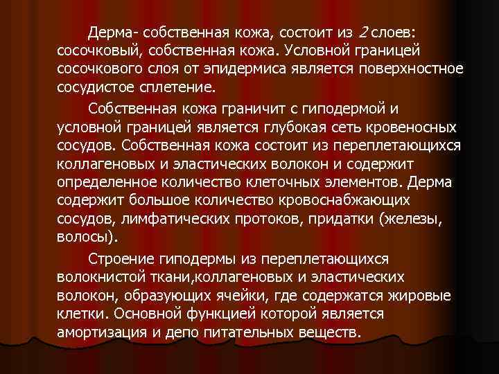 Дерма- собственная кожа, состоит из 2 слоев: сосочковый, собственная кожа. Условной границей сосочкового слоя