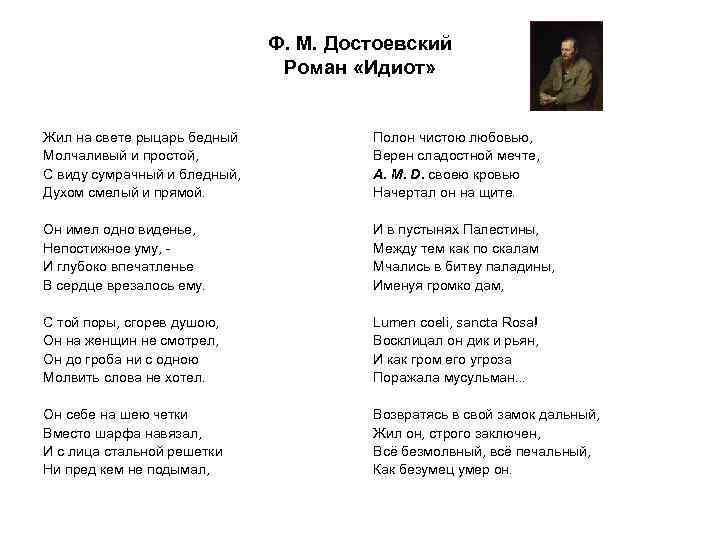 Идиот содержание. Рыцарь бедный Пушкин. Стихотворение Пушкина жил на свете рыцарь бедный. Стих бедный рыцарь Пушкин. Стихи Достоевского.