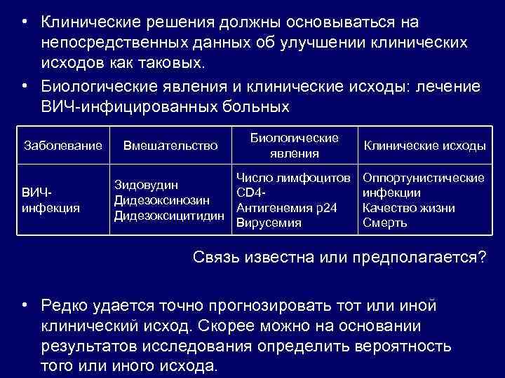  • Клинические решения должны основываться на непосредственных данных об улучшении клинических исходов как