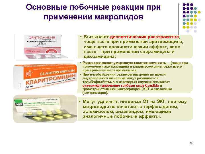 Основные побочные реакции применении макролидов • Вызывают диспептические расстройства, чаще всего применении эритромицина, имеющего