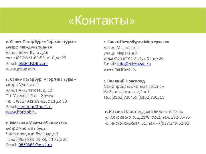  «Контакты» г. Санкт-Петербург «Горячие туры» г. Санкт-Петербург «Мир трэвэл» метро Международная метро Маяковская