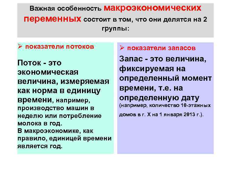 Важная особенность макроэкономических переменных состоит в том, что они делятся на 2 группы: Ø