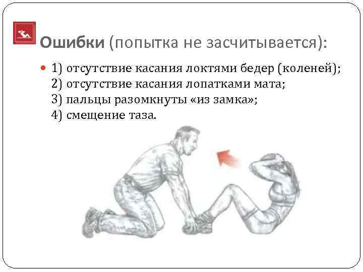 Ошибки (попытка не засчитывается): 1) отсутствие касания локтями бедер (коленей); 2) отсутствие касания лопатками
