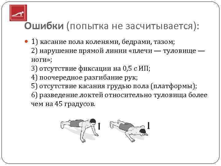 Ошибки (попытка не засчитывается): 1) касание пола коленями, бедрами, тазом; 2) нарушение прямой линии