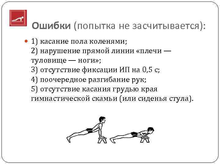 Ошибки (попытка не засчитывается): 1) касание пола коленями; 2) нарушение прямой линии «плечи