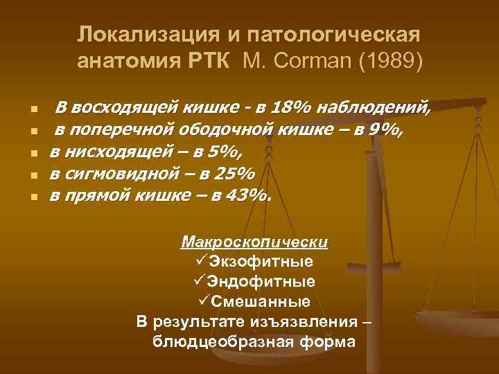 Локализация и патологическая анатомия РТК М. Corman (1989) n n n В восходящей кишке