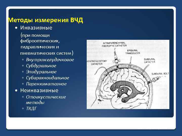 Методы измерения ВЧД Инвазивные (при помощи фиброоптических, гидравлических и пневматических систем) ◦ Внутрижелудочковое ◦