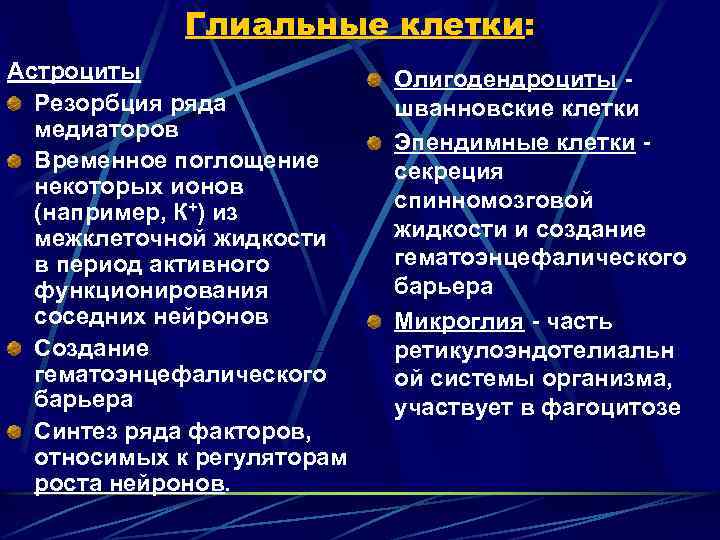 Глиальные клетки: Астроциты Резорбция ряда медиаторов Временное поглощение некоторых ионов (например, К+) из межклеточной