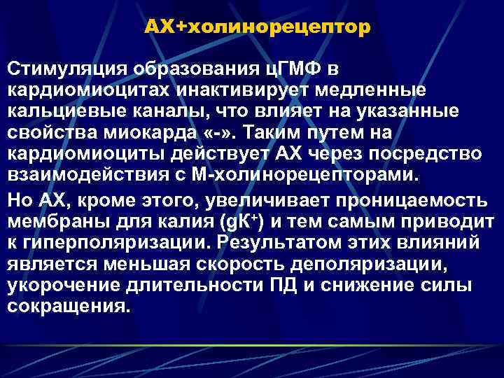 АХ+холинорецептор Стимуляция образования ц. ГМФ в кардиомиоцитах инактивирует медленные кальциевые каналы, что влияет на