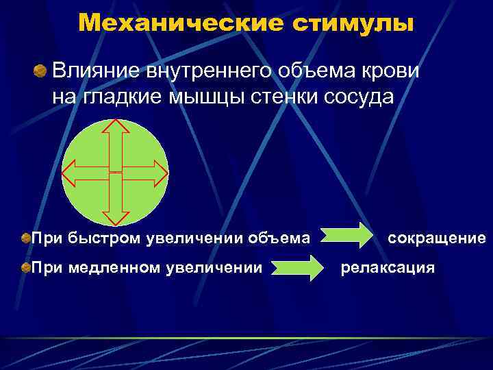 Механические стимулы Влияние внутреннего объема крови на гладкие мышцы стенки сосуда При быстром увеличении