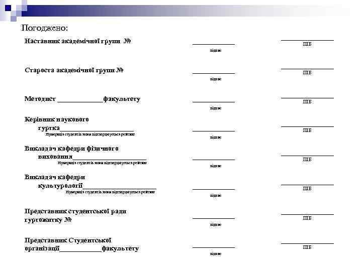 Погоджено: Наставник академічної групи № _________________ ПІБ підпис Староста академічної групи № _________________ ПІБ