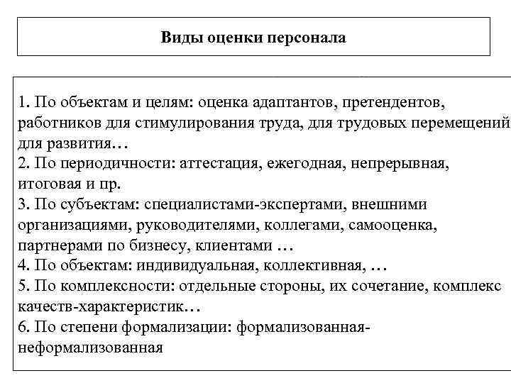 Оценка и аттестация работников. Классификация видов оценки персонала. Системы оценки персонала виды. Виды оценки персонала в организации. Виды оценки работника организации.