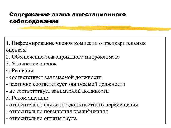 Содержание этапа аттестационного собеседования 1. Информирование членов комиссии о предварительных оценках 2. Обеспечение благоприятного