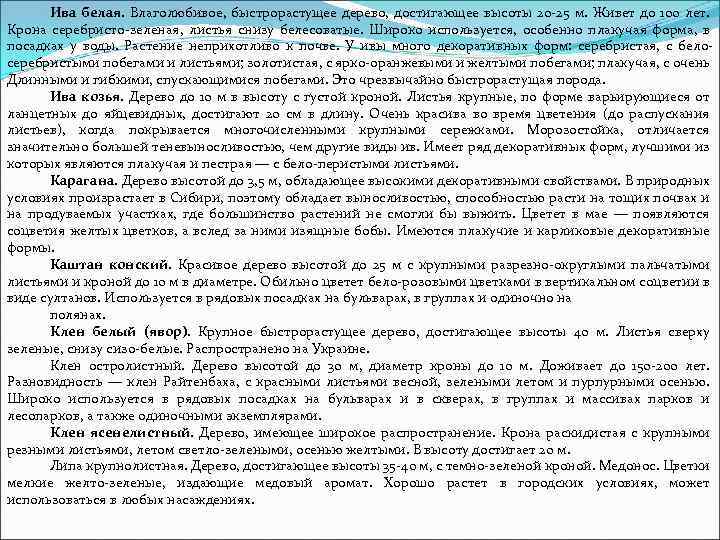 Ива белая. Влаголюбивое, быстрорастущее дерево, достигающее высоты 20 -25 м. Живет до 100 лет.