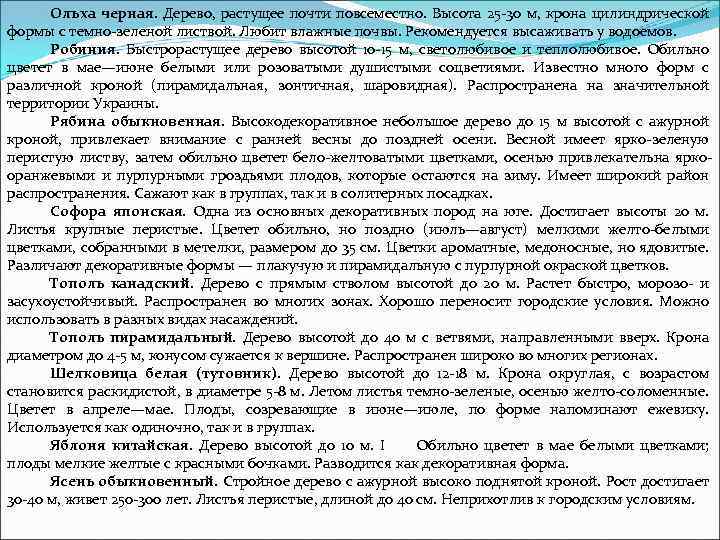 Ольха черная. Дерево, растущее почти повсеместно. Высота 25 -30 м, крона цилиндрической формы с