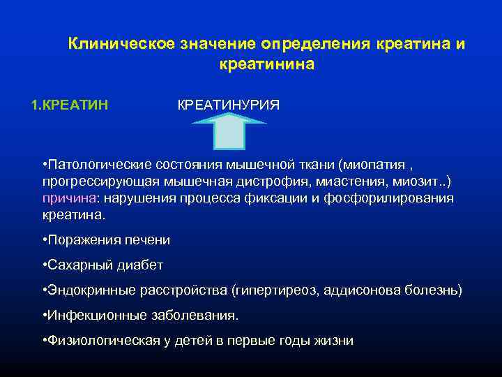 Клиническое значение определения креатина и креатинина 1. КРЕАТИНУРИЯ • Патологические состояния мышечной ткани (миопатия