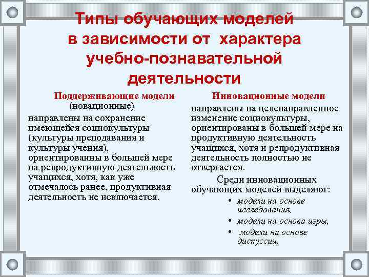 Типы обучающих моделей в зависимости от характера учебно-познавательной деятельности Поддерживающие модели (новационные) направлены на