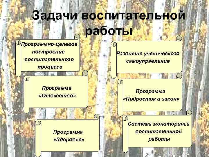 Задачи воспитательной работы Программно-целевое построение воспитательного процесса Программа «Отечество» Программа «Здоровье» Развитие ученического самоуправления