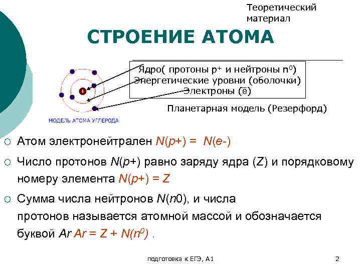 Теоретический материал СТРОЕНИЕ АТОМА Ядро( протоны p+ и нейтроны n 0) Энергетические уровни (оболочки)