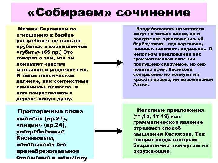  «Собираем» сочинение Матвей Сергеевич по отношению к берёзе употребляет не простое «рубить» ,