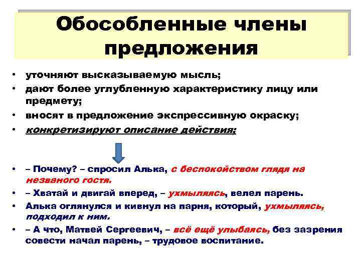 Обособленные члены предложения • уточняют высказываемую мысль; • дают более углубленную характеристику лицу или