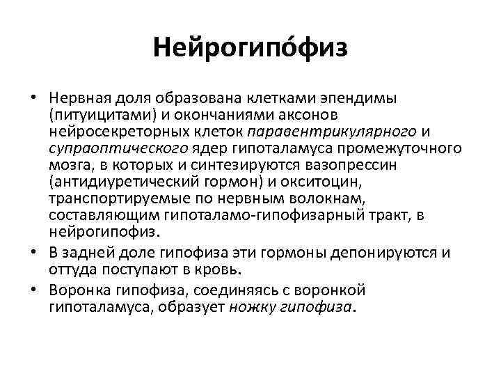 Нейрогипо физ • Нервная доля образована клетками эпендимы (питуицитами) и окончаниями аксонов нейросекреторных клеток