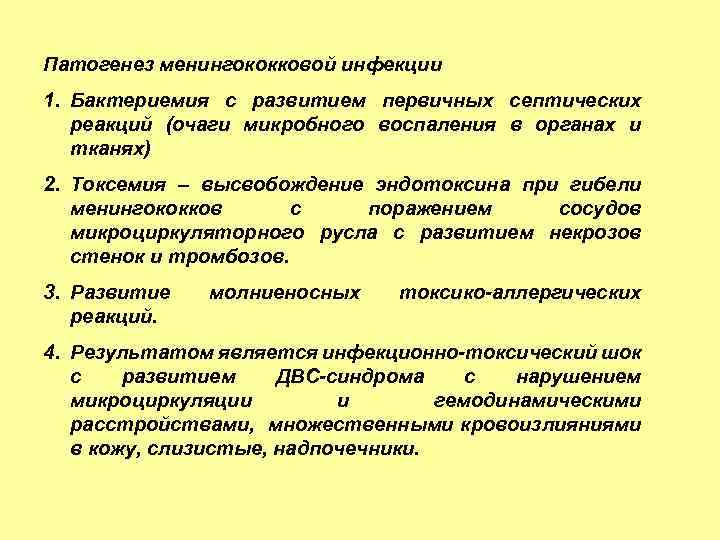 Патогенез менингококковой инфекции 1. Бактериемия с развитием первичных септических реакций (очаги микробного воспаления в