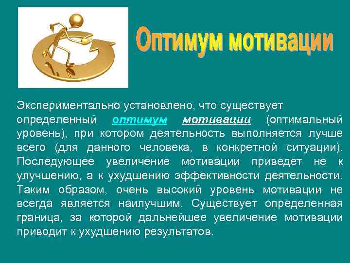  Экспериментально установлено, что существует определенный оптимум мотивации (оптимальный уровень), при котором деятельность выполняется