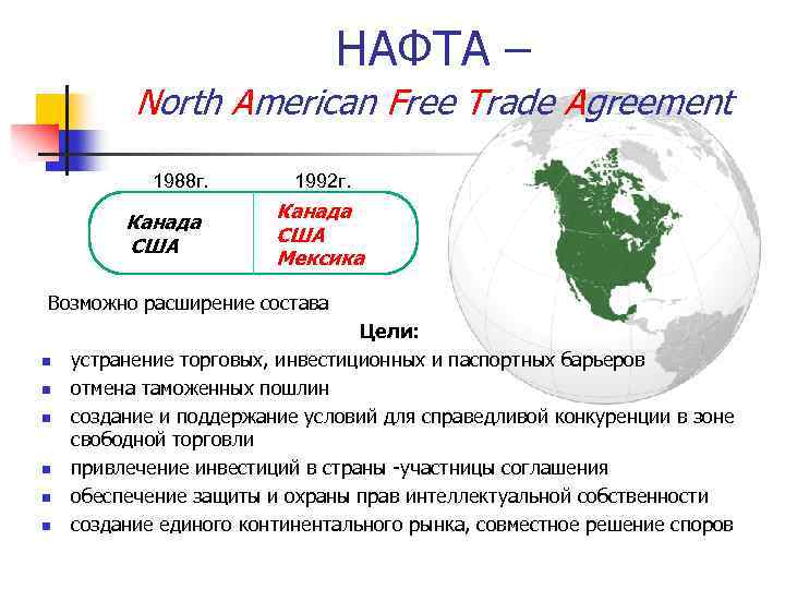 НАФТА – North American Free Trade Agreement 1988 г. Канада США 1992 г. Канада