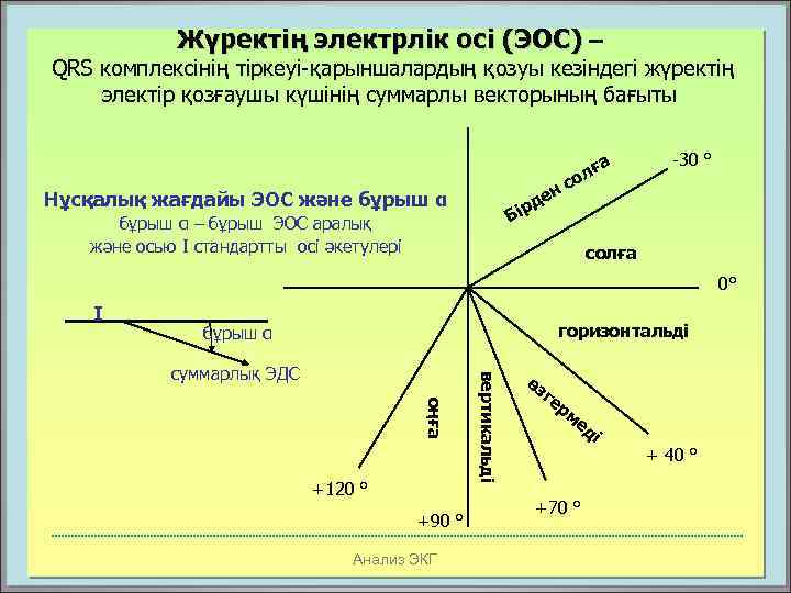 Жүректің электрлік осі (ЭОС) – QRS комплексінің тіркеуі-қарыншалардың қозуы кезіндегі жүректің электір қозғаушы күшінің