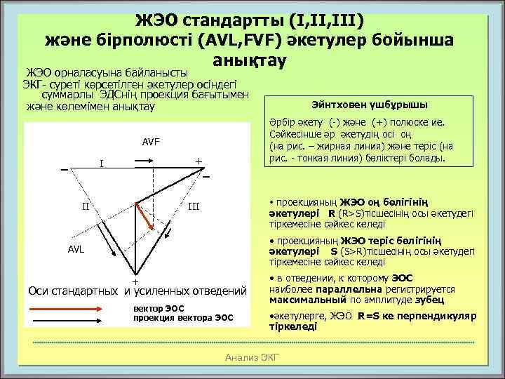 ЖЭО стандартты (I, III) және бірполюсті (AVL, FVF) әкетулер бойынша анықтау ЖЭО орналасуына байланысты