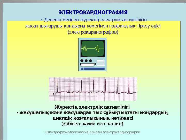 ЭЛЕКТРОКАРДИОГРАФИЯ - Дененің бетінен жүректің электрлік активтілігін жасап шығарушы қондырғы көмегімен графикалық тіркеу әдісі