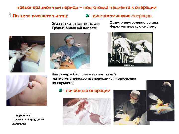 предоперационный период – подготовка пациента к операции 1 По цели вмешательства: диагностические операции. Эндоскопическая