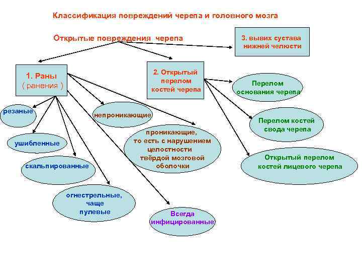 Классификация повреждений черепа и головного мозга Открытые повреждения черепа 2. Открытый перелом костей черепа