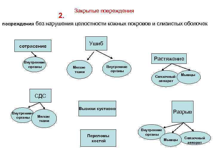 2. Закрытые повреждения без нарушения целостности кожных покровов и слизистых оболочек Ушиб сотрясение Внутренние