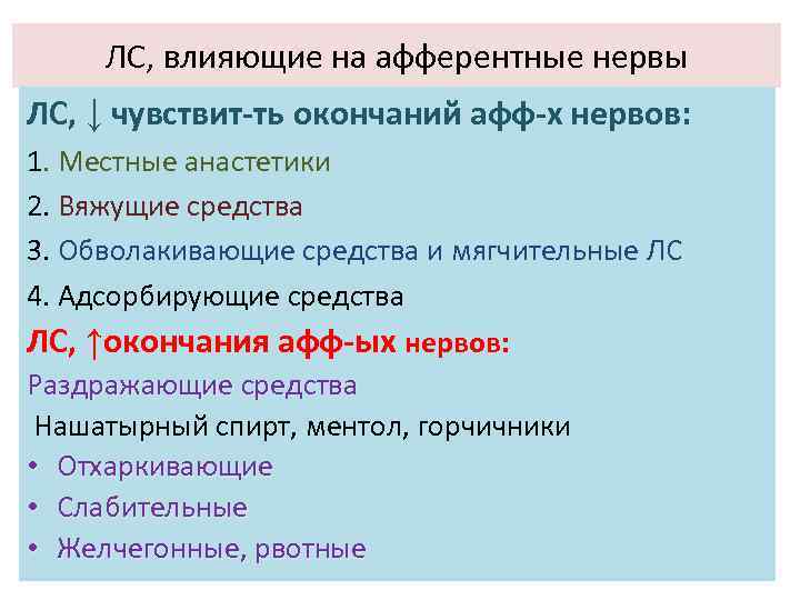 ЛС, влияющие на афферентные нервы ЛС, ↓ чувствит-ть окончаний афф-х нервов: 1. Местные анастетики