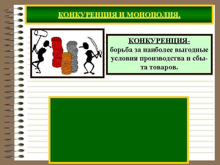 КОНКУРЕНЦИЯ И МОНОПОЛИЯ. КОНКУРЕНЦИЯборьба за наиболее выгодные условия производства и сбыта товаров. 