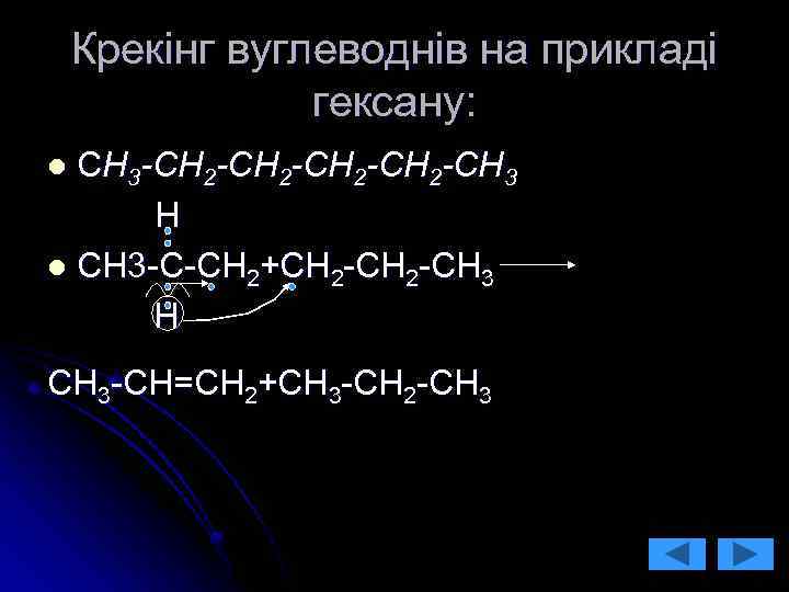 Крекінг вуглеводнів на прикладі гексану: СH 3 -CH 2 -CH 3 H l CH