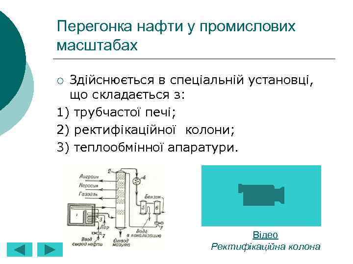 Перегонка нафти у промислових масштабах Здійснюється в спеціальній установці, що складається з: 1) трубчастої