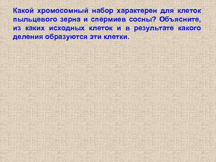 Какой хромосомный набор характерен для клеток пыльцевого зерна и спермиев сосны? Объясните, из каких