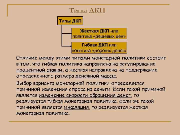 Обратное дкп. Типы ДКП. Жесткая ДКП. Мягкая и жесткая политика ДКП. Инструменты ДКП.