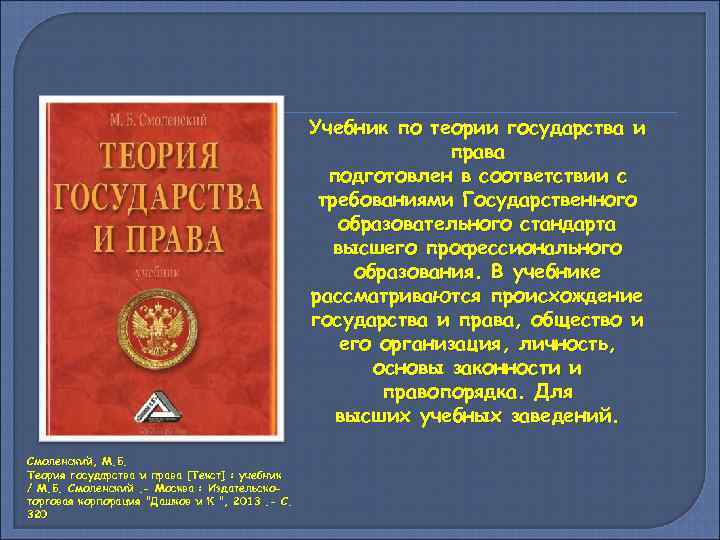 Учебник по теории государства и права подготовлен в соответствии с требованиями Государственного образовательного стандарта