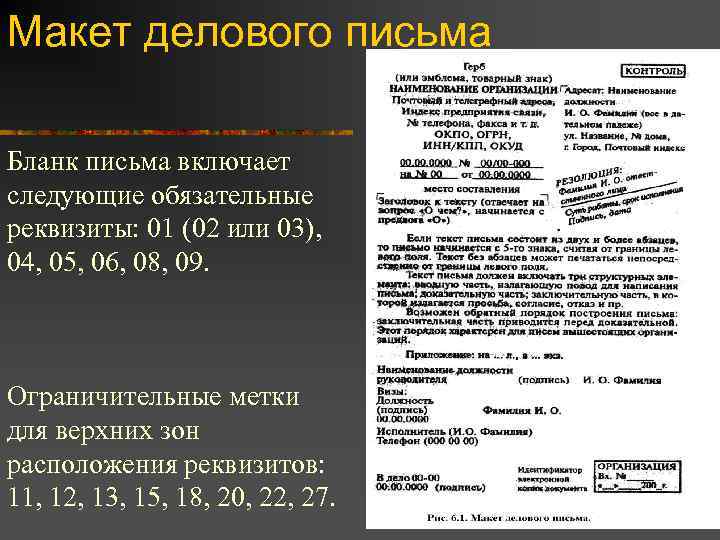 Макет делового письма Бланк письма включает следующие обязательные реквизиты: 01 (02 или 03), 04,