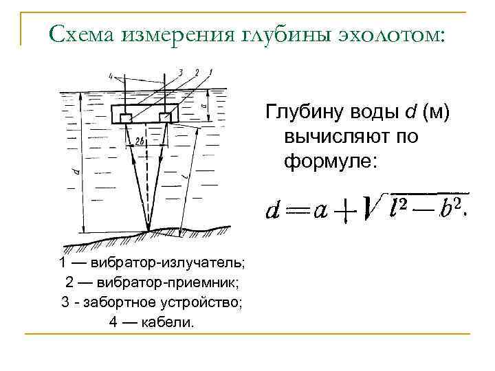 Схема измерения глубины эхолотом: Глубину воды d (м) вычисляют по формуле: 1 — вибратор